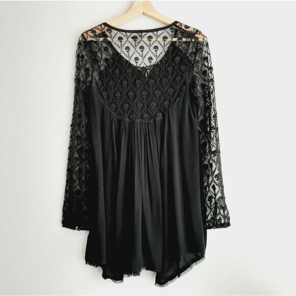 ECOTE Boho Floral Lace Tassel Tie Semi-Sheer Tunic Blouse Black Sz S - Picture 10 of 15